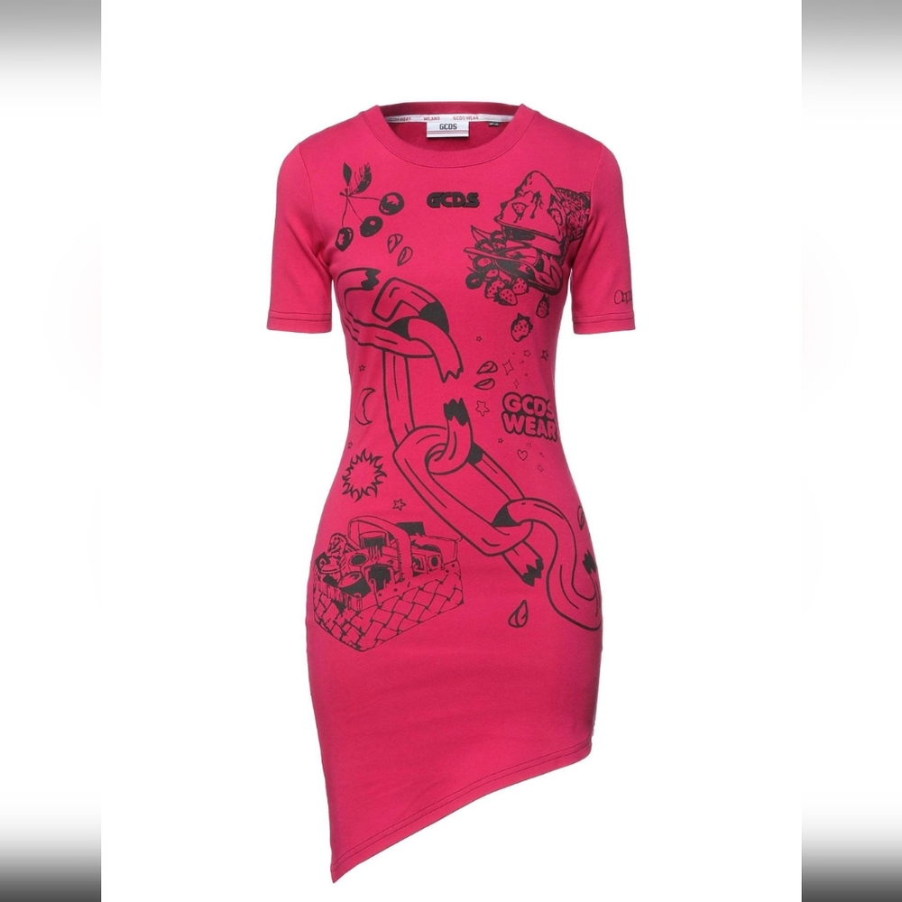 GCDS Pink Asymmetrical T-Shirt Dress with Black Comic Graphics